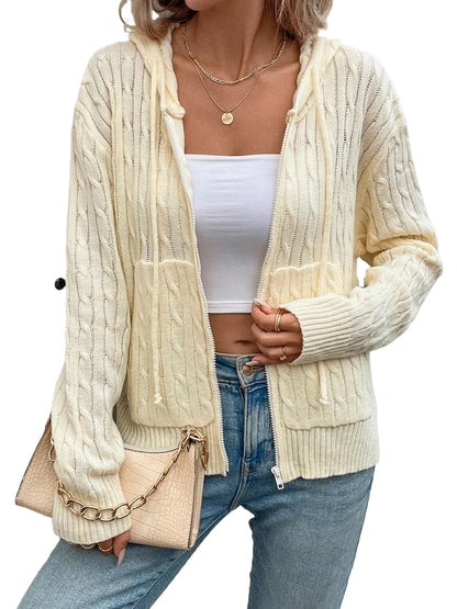 Cable Knit Hooded Cardigan with Zipper Front and Pockets