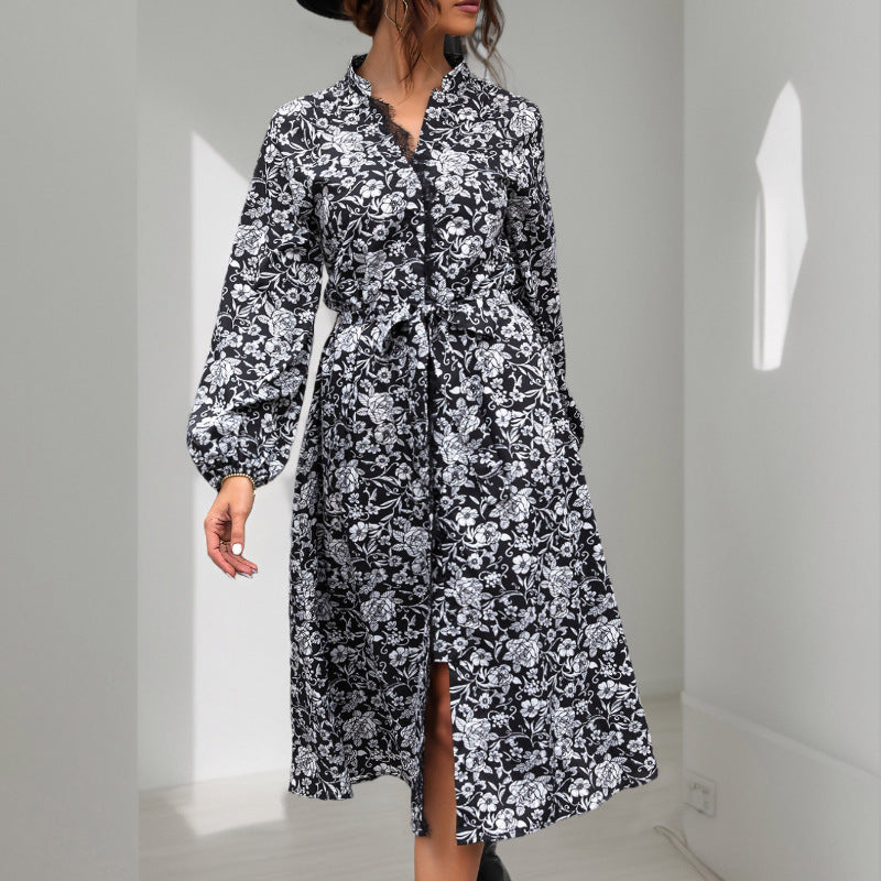 Floral Print Shirt Dress with Tie Waist and Balloon Sleeves