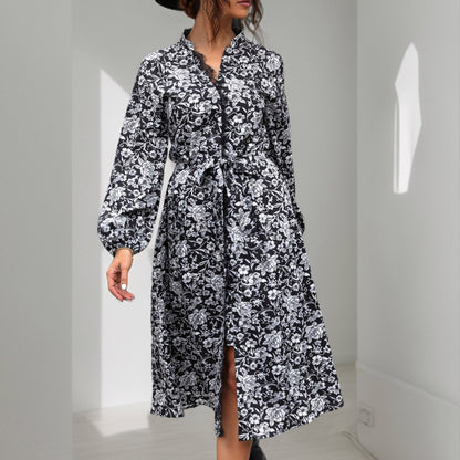 Floral Print Shirt Dress with Tie Waist and Balloon Sleeves