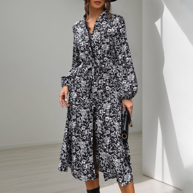 Floral Print Shirt Dress with Tie Waist and Balloon Sleeves