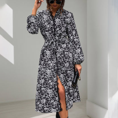 Floral Print Shirt Dress with Tie Waist and Balloon Sleeves