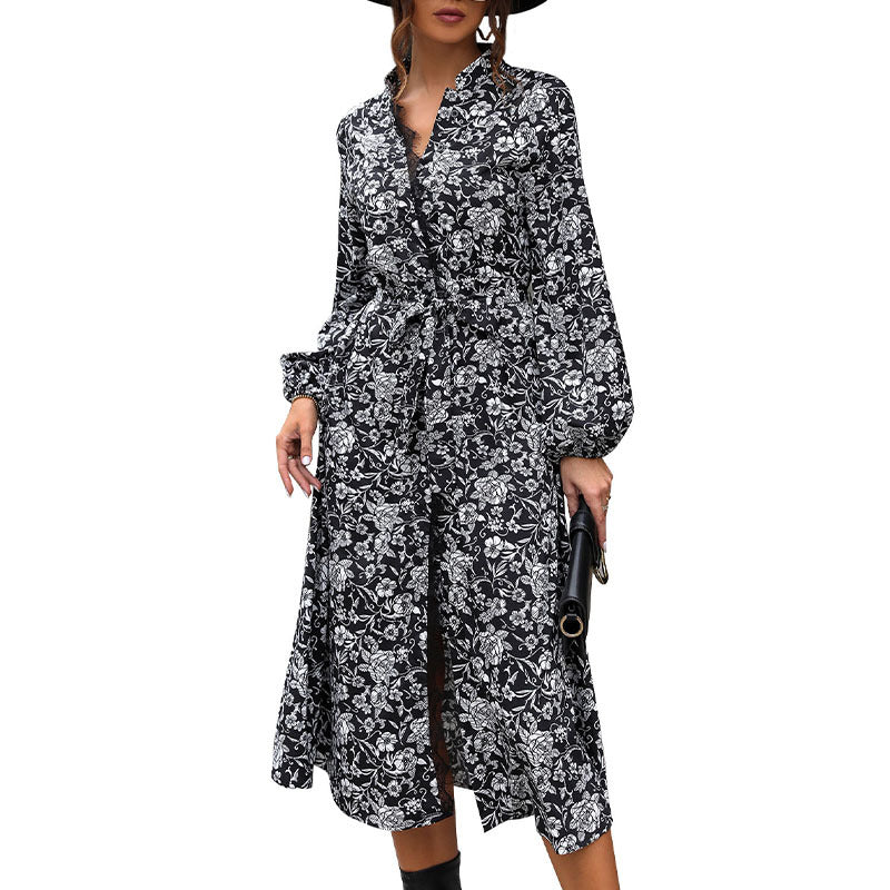 Floral Print Shirt Dress with Tie Waist and Balloon Sleeves