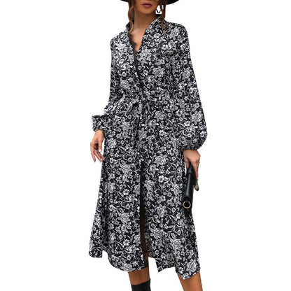Floral Print Shirt Dress with Tie Waist and Balloon Sleeves