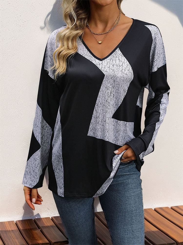 Loose Geometric Color-Blocked Top with V-Neck and Bat Sleeves