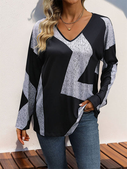 Loose Geometric Color-Blocked Top with V-Neck and Bat Sleeves