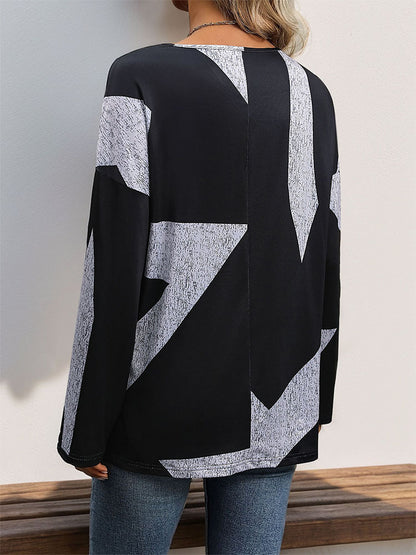 Loose Geometric Color-Blocked Top with V-Neck and Bat Sleeves
