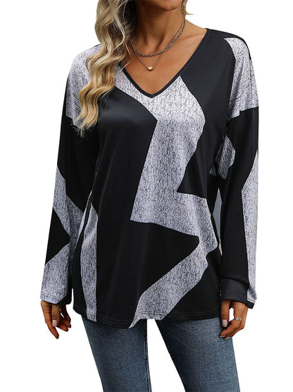 Loose Geometric Color-Blocked Top with V-Neck and Bat Sleeves