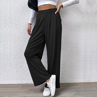 Wide-Leg Ribbed Pants with Pleated Front