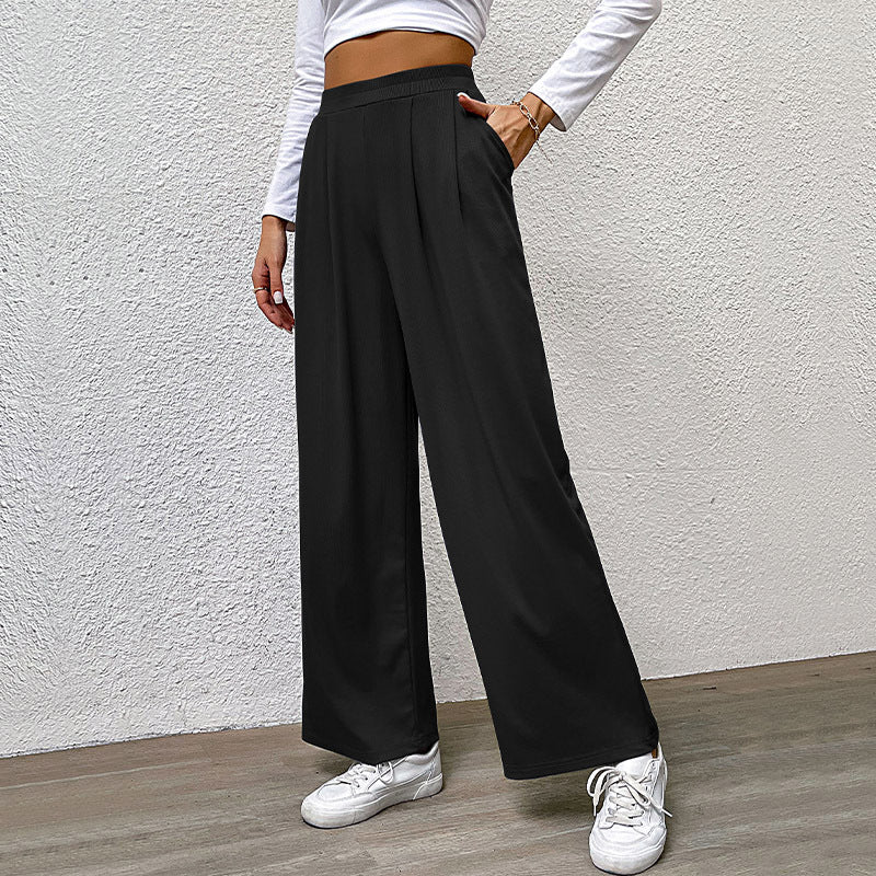 Wide-Leg Ribbed Pants with Pleated Front