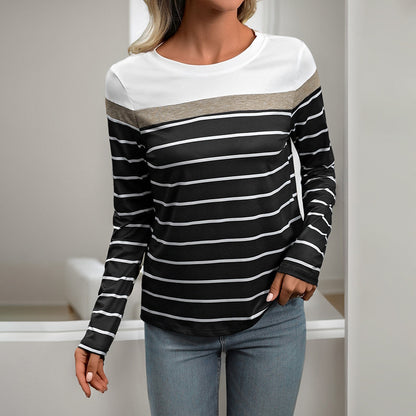 Striped Long-Sleeve T-Shirt with Color Block Detail