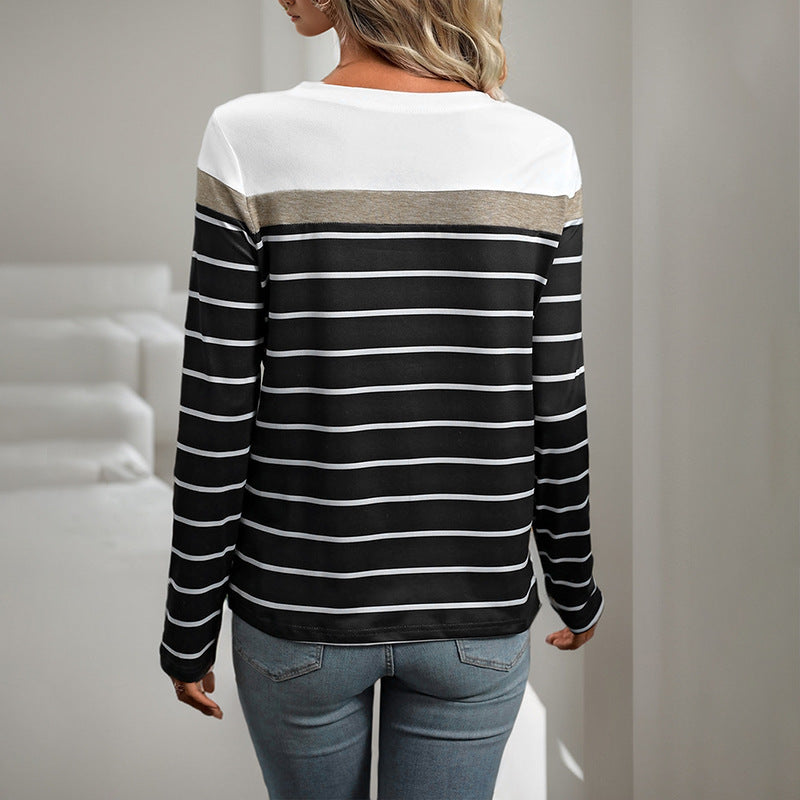 Striped Long-Sleeve T-Shirt with Color Block Detail