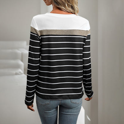 Striped Long-Sleeve T-Shirt with Color Block Detail