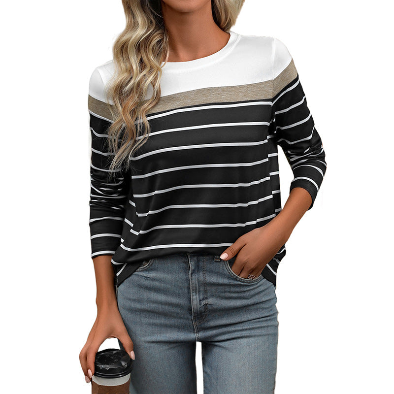 Striped Long-Sleeve T-Shirt with Color Block Detail