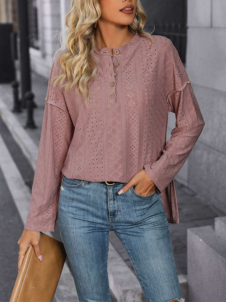 Loose Fit Knit Jacquard Top with Henley Neck