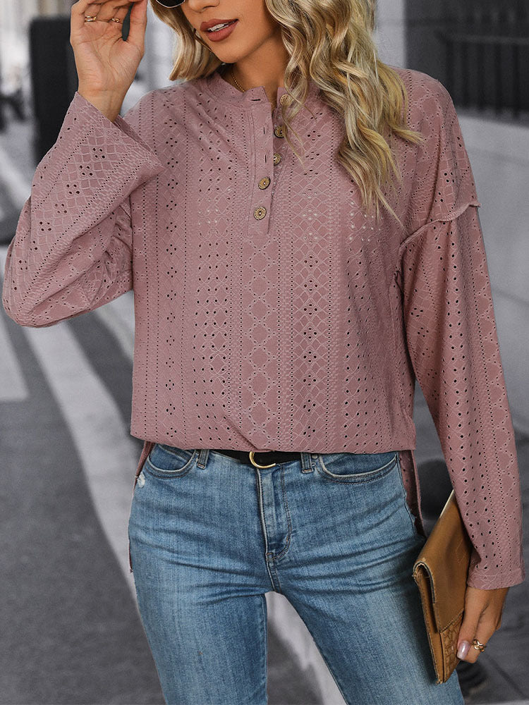 Loose Fit Knit Jacquard Top with Henley Neck