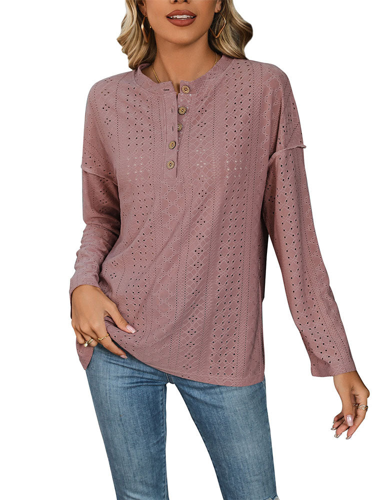 Loose Fit Knit Jacquard Top with Henley Neck