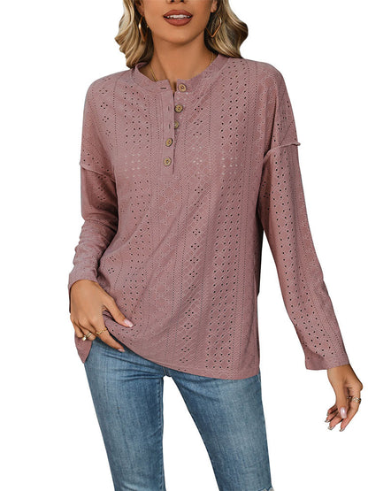 Loose Fit Knit Jacquard Top with Henley Neck