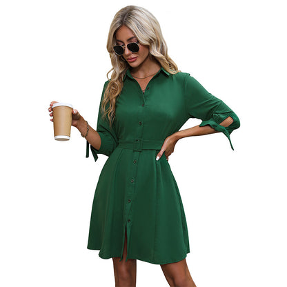 Solid A-Line Shirt Dress with Belted Waist and Tie Sleeves