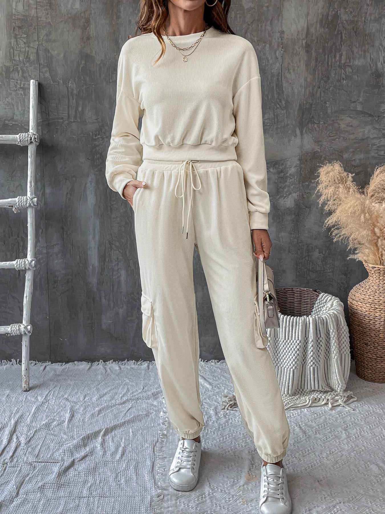 Ribbed Knit Sweatshirt and Jogger Set with Cargo Pockets