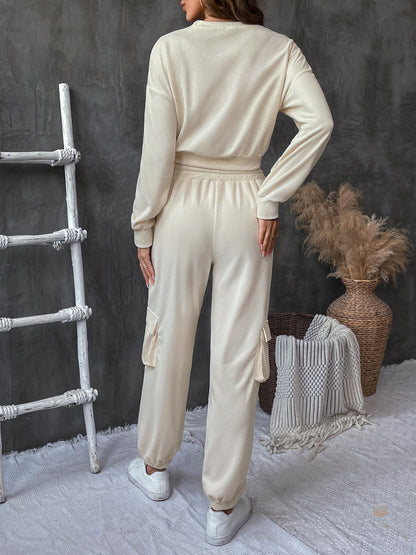 Ribbed Knit Sweatshirt and Jogger Set with Cargo Pockets