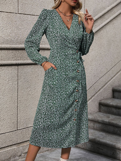 Ditsy Floral Wrap Midi Dress with V-Neck & Button Front