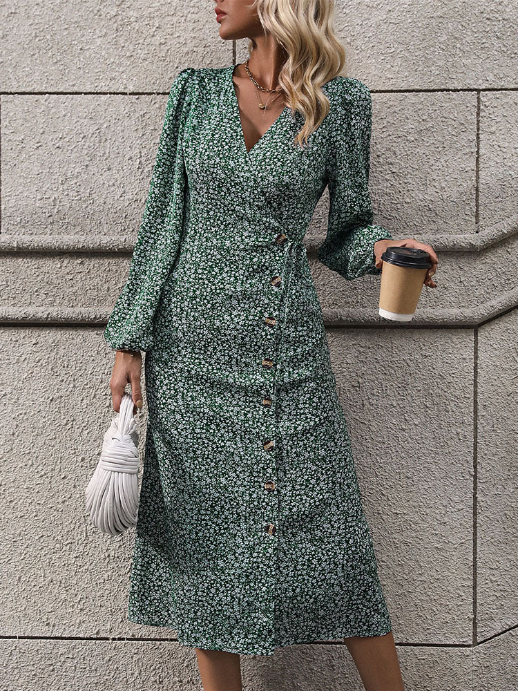 Ditsy Floral Wrap Midi Dress with V-Neck & Button Front
