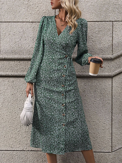 Ditsy Floral Wrap Midi Dress with V-Neck & Button Front