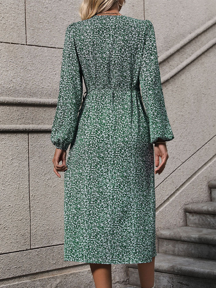 Ditsy Floral Wrap Midi Dress with V-Neck & Button Front
