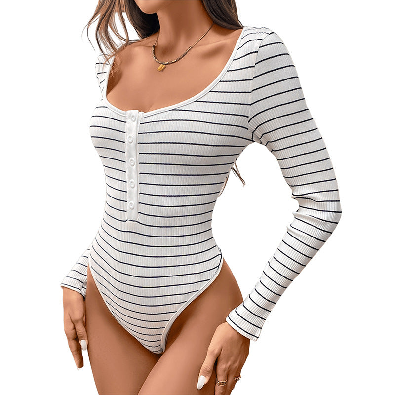Long Sleeve Ribbed Striped Bodysuit with Henley Neck