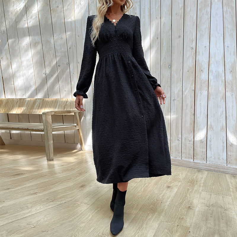 Dotted A-Line Midi Dress with V-Neck and Button Front
