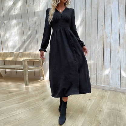Dotted A-Line Midi Dress with V-Neck and Button Front