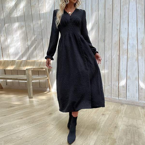 Dotted A-Line Midi Dress with V-Neck and Button Front