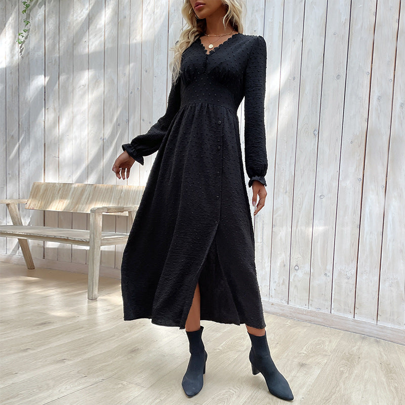 Dotted A-Line Midi Dress with V-Neck and Button Front