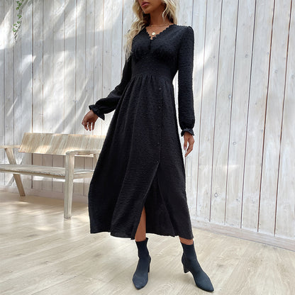 Dotted A-Line Midi Dress with V-Neck and Button Front