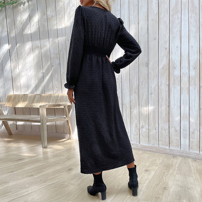 Dotted A-Line Midi Dress with V-Neck and Button Front