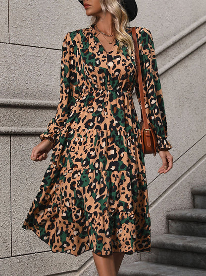 Leopard Print Midi Dress with V-Neck and Tiered Skirt