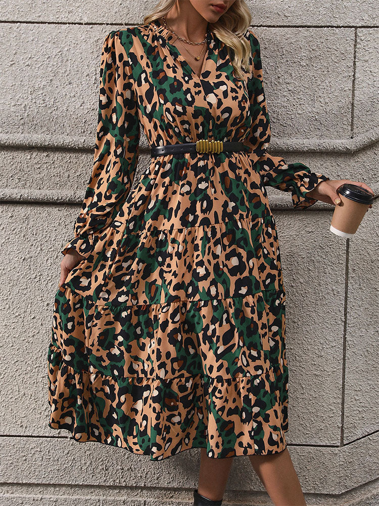 Leopard Print Midi Dress with V-Neck and Tiered Skirt