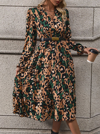 Leopard Print Midi Dress with V-Neck and Tiered Skirt