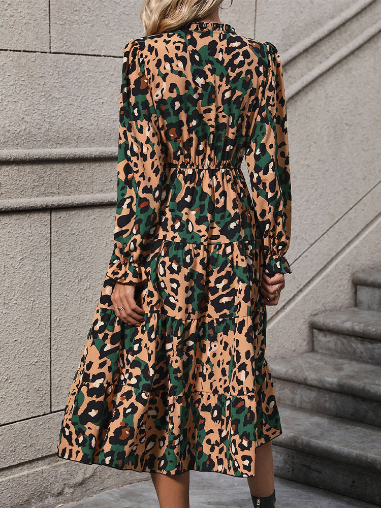 Leopard Print Midi Dress with V-Neck and Tiered Skirt