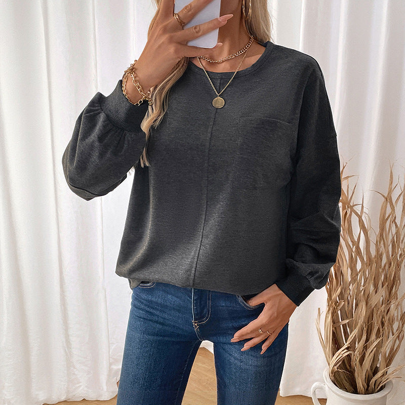 Loose Fit Solid Sweatshirt with Chest Pocket and Gathered Sleeves