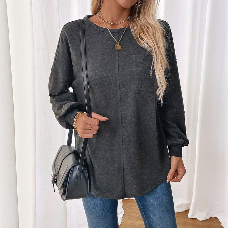 Loose Fit Solid Sweatshirt with Chest Pocket and Gathered Sleeves