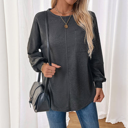 Loose Fit Solid Sweatshirt with Chest Pocket and Gathered Sleeves