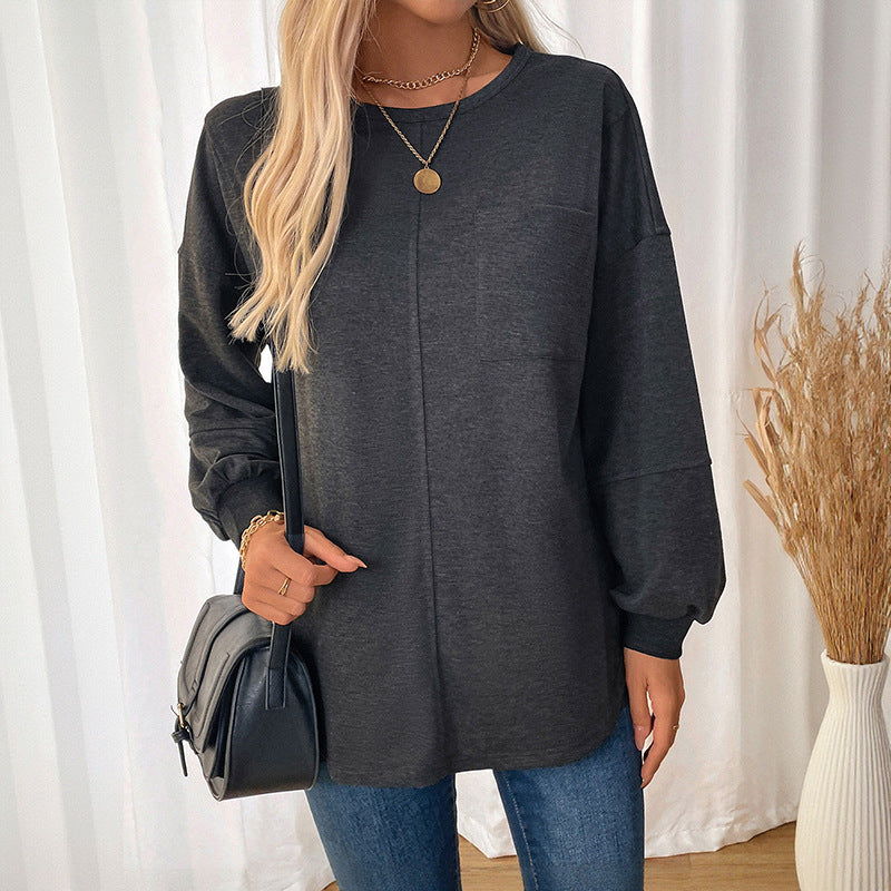 Loose Fit Solid Sweatshirt with Chest Pocket and Gathered Sleeves