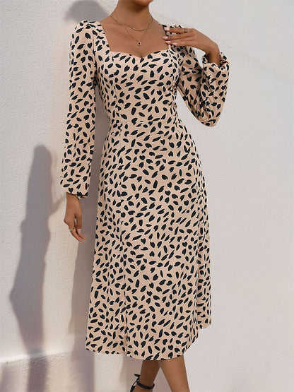 Leopard Print Midi Dress with Square Neck and Slit