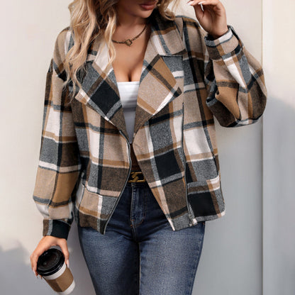 Brushed Plaid Jacket with Lapel Collar and Zipper