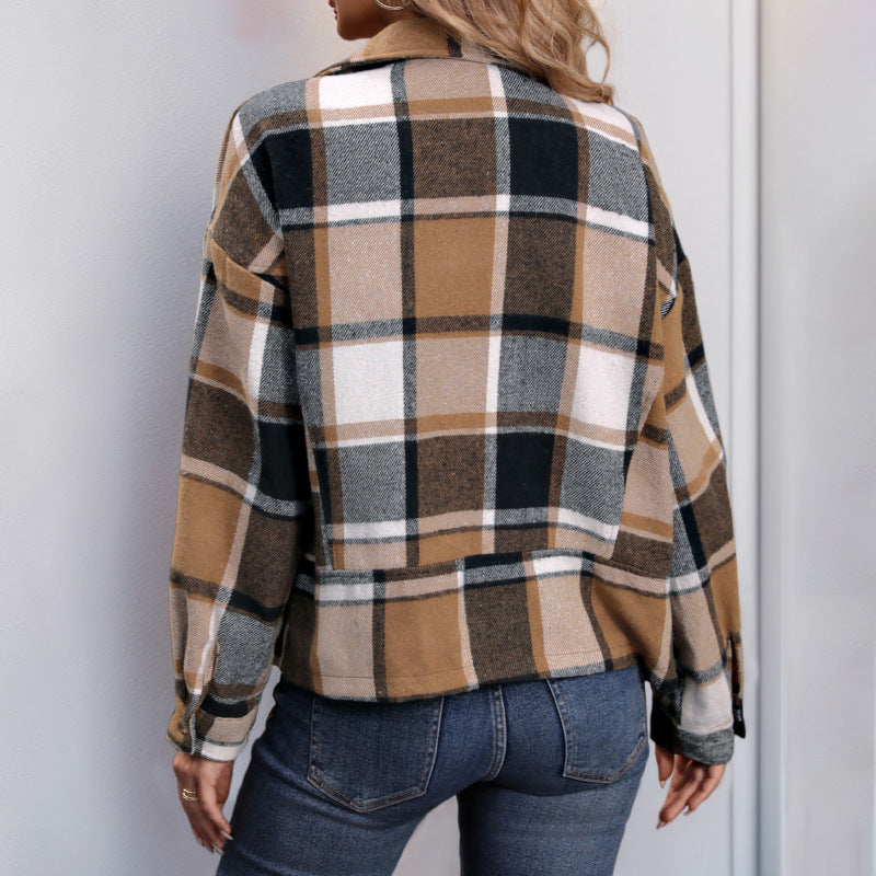 Brushed Plaid Jacket with Lapel Collar and Zipper