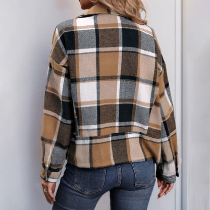 Brushed Plaid Jacket with Lapel Collar and Zipper