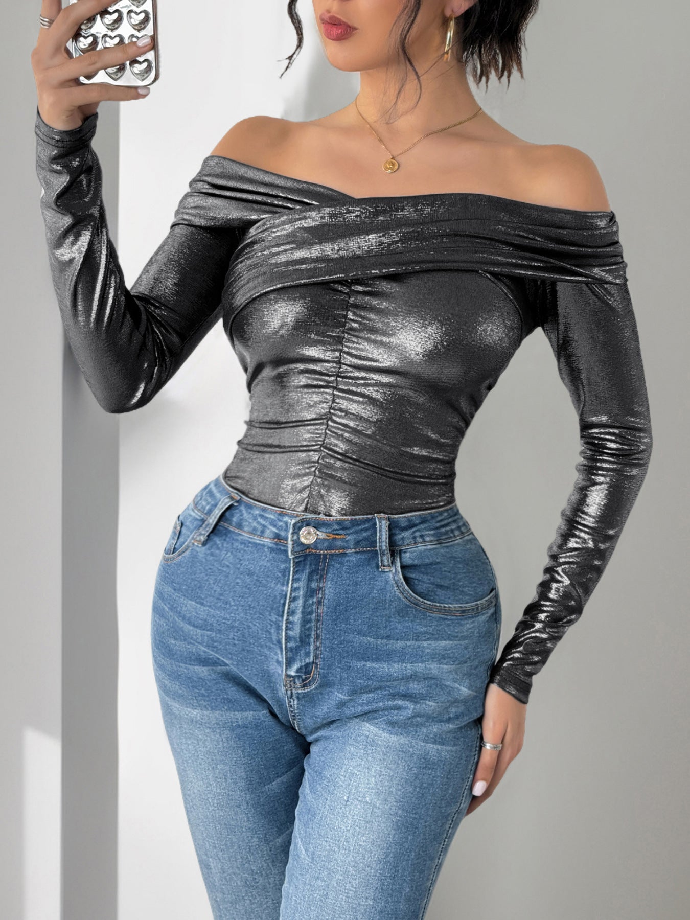 Metallic Off-Shoulder Top with Ruched Bodice