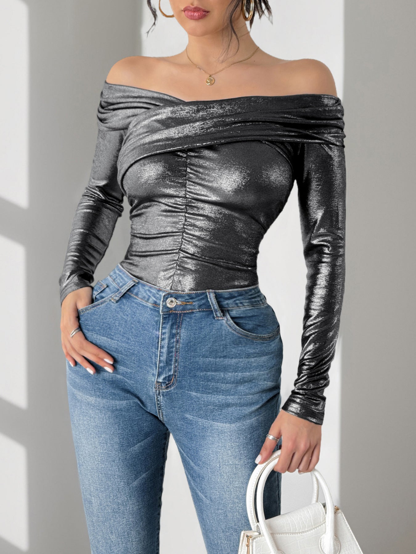 Metallic Off-Shoulder Top with Ruched Bodice