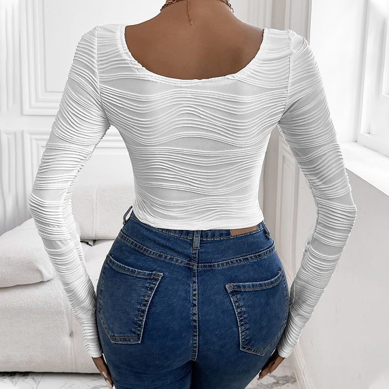 Slim Fit Long-Sleeve Top with Pleated Texture and Curved Hem